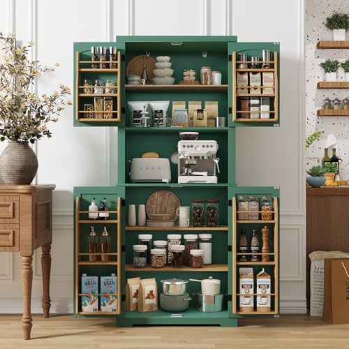 HOLTICO Küchenschrank mit Arbeitsplatte, Hochschrank Küchenbuffet buffetschrank, Esszimmerschrank, Speisekammer mit Türen und Regalen für Esszimmer, Waschküche, Wohnzimmer, Grün