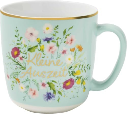 Blütenträume Kaffeebecher Kleine Auszeit, 350 ml: Kaffeetasse, Teetasse, Becher aus Porzellan mit Goldakzenten. Schönes Geschenk für Freunde