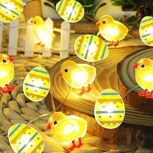 Ljusslinga, påsk, påskljuskedja med påskägg och kycklingar, 3 m 30 LED påskbelysning, varmvit påsk ljuskedja, batteridriven, lämplig som påskdekoration inomhus och utomhus