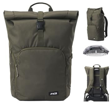 AEVOR Rolltop Small, Kleiner Rucksack für Damen und Herren, 22-25L Volumen, 14 Laptopfach, Frontfach, ergonomisch gepolstert, leicht, Alltag, Beruf, Schule, Tagesrucksack, Olive