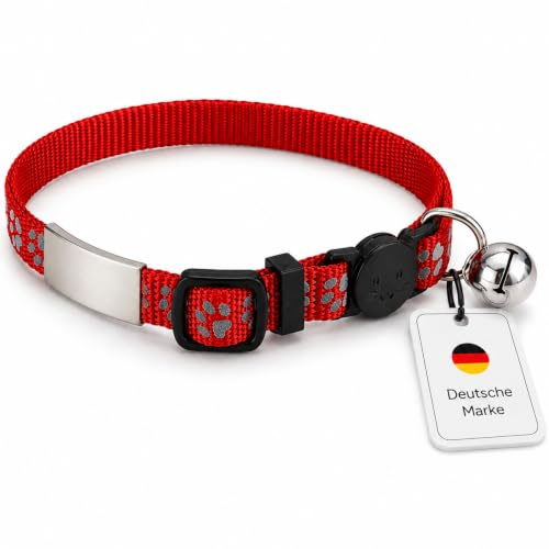 Reflektierendes Katzenhalsband mit Gravur, rot, Name & Telefonnummer | Stilvolles Nylon-Halsband mit Breakaway-Sicherheitsverschluss. Individuell verstellbar (30cm lang, 1cm breit) & waschbar.