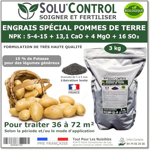 3 kg d'Engrais Spécial Pommes de terre et légumes racines 5-4-15 - Enrichi en Potasse - Favorise la croissance, le grossissement et la conservation des tubercules - UAB - Fabriqué en France