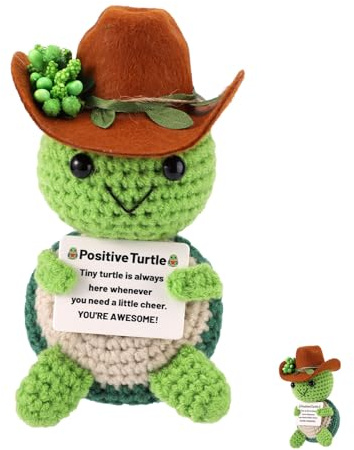TOYMIS Positive Schildkröte, Cowboyhut Strick Schildkröte Emotionale Unterstützung Positives Häkeltiere für Aufmunterndes Geschenk Zuhause Büro Dekoration Abschlussgeschenk(Grün)