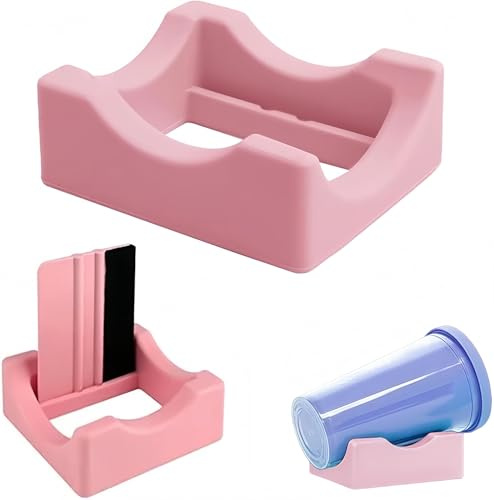 Heanvmyss Small Silicone Cup Cradle for Crafting,Cradle for Tumblers with Built-in Slot and Felt Edge Squeegee,Silica Gel Tumbler Holder,Anti-Skidding Tumbler Stand for Bottles,Crafts,DIY(Pink)