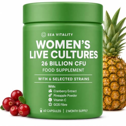 Women's Live Cultures Food Supplement - 26 Billion CFU, 6 Selected Strains with Cranberry Extract, Pineapple Powder, GOS & Vitamin C - 60 Capsules, 1-a-Day Formula for Women, 60 Day Supply
