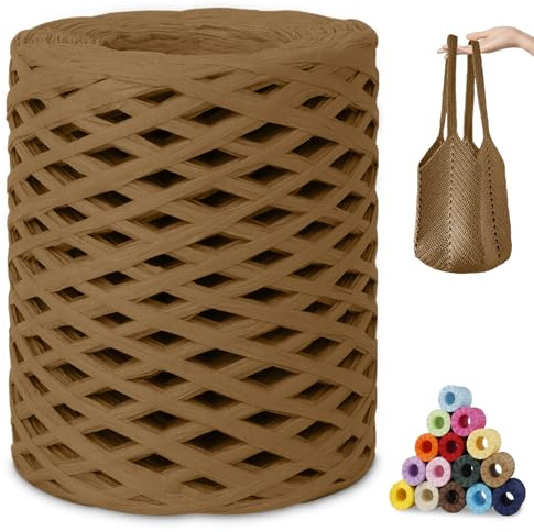 CAMAL Raffia Garn zum Häkeln, Papierdraht Bastband zum Basteln 3mm x 200m Raffia Bast Bunt Papiergarn zum Häkeln Von Taschen, Strandmütze, DIY Handarbeiten (Hellkaffee)