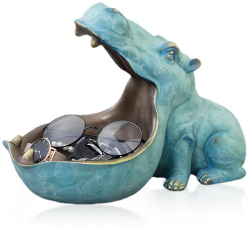 Flodhäst, staty, nyckelhållare, skål, flodhäst, smycke, förvaringslåda, stor mun flodhäst, staty, bordsdekoration, bordsdekoration för vardagsrum, kontor, dekoration, presenter (ljusblå)