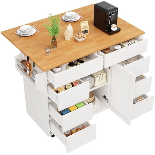 KecDuey Kücheninsel, Moderne Küchenschrank, Ausziehbarer Küchenwagen mit Rollen und Arbeitsplatte, Servierwagen mit Gewürzregal und 8 Schubladen (Weiß)