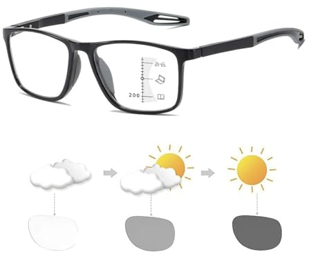 Gafas de presbicia bifocales progresivas fotocromáticas inteligentes deportivas, gafas de lectura de luz anti-azul de moda, gafas ultraligeras de lectura bifocales portátiles(Black/Grey,2.0 x)