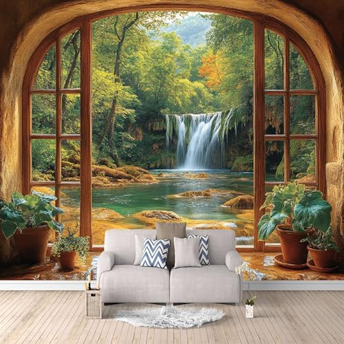 Papel Pintado 3D Lago Con Cascada En El Bosque 200x140 cm Fotomurales Tejido No Tejido, Fuera De La Ventana Papel Tapiz Grande Murales Fotográfico Moderno Decoración de Paredes