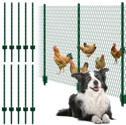 Metal Fence Post 4 FT/122 CM, Pack of 10 Metal Post with U-Channel, for Garden Patio and Outdoor Wire Fence Steel Poles, T-Posts for Outdoor Wire
