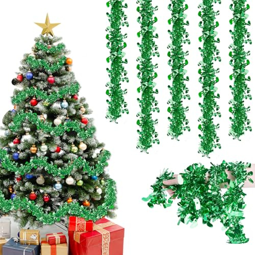 Joxessaien Lametta Weihnachtsbaum 8 Stück × 2 m – Weihnachtsgirlande 16 m Weihnachtsdeko Feine Lametta Girlande mit Glocken – Christbaum Deko für Innen & Außen (Grün)