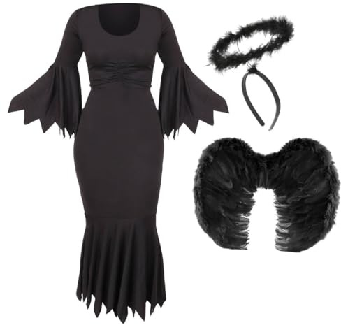 Disfraz de ángel oscuro para mujer, talla XXL, vestido negro, diadema de halo negro y alas de plumas, perfecto para Halloween y otros disfraces