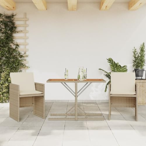 Teenpull 3-TLG. Bistro-Set mit Kissen, Beige Poly Rattan Outdoor Gartenmöbel, Klappbare Stühle, Akazienholz Tischplatte für Balkon, Terrasse, max. 110 kg