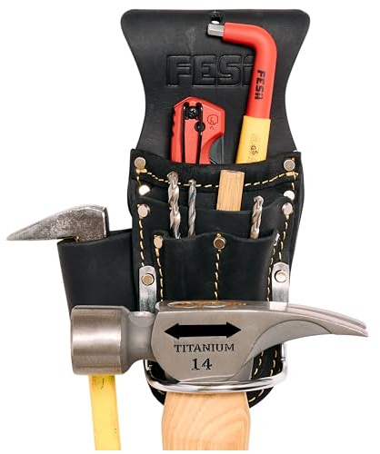 FESA Tool Belt Hammer Holder - Leather Multitool, Pliers & Hammer Holster with Pockets for Drill Bits or Markers - Heavy Duty Small Tool Pouch for Carpenters - Clip On Any Belt - Handcrafted (Black)