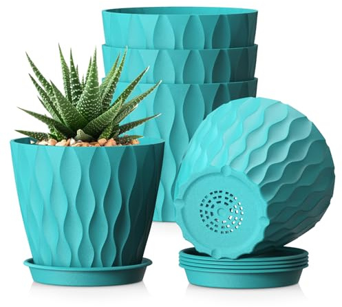 WSMKSZ 15cm Blumentöpfe Innen Außen, 5er Set Pflanztöpfe, 3D-Wellentextur | Kunststoff Pflanzentopf mit Untersetzer & Abflusslöchern, Übertopf für Einblatt, Efeutute, Blaugrün
