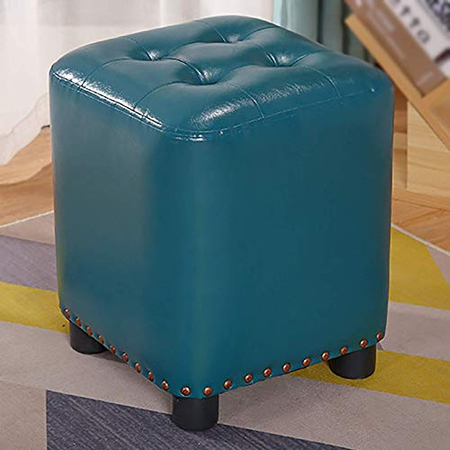 HJZZQH Kleiner osmanischer Fußhocker aus blauem Kunstleder mit Sitz aus Memory-Schaum und Gestell aus Massivholz, 32 * 32 * 38 cm