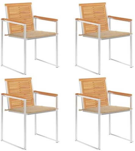 Uppsättning av 4 trädgårdsstolar i teak med kuddar – utomhuspäls för uteplats och terrass, väderbeständigt rostfritt stål, snygg och bekväm sittplats