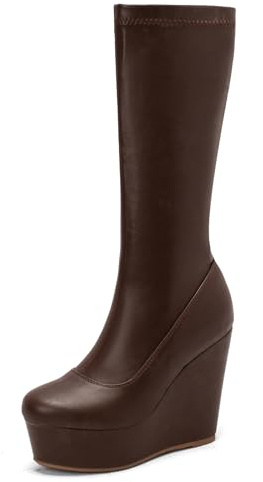 Gicoiz Femme Compensées Plateforme Bottes Extensibles Bout Rond A Enfiler Hiver Elegant Bout Rond Mode Bottines Marrón Taille 39 EU-40Cn