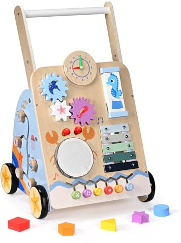 Baby-Lauflernwagen-Holz, 8 in 1 LauflernwagenausHolz, Laufwagen-aus-Holz für Babys, Lauflernhilfe und Lernspielzeug für Kleinkinder von 3 Monaten bis 2 Jahren, Geschenk für Jungen und Mädchen