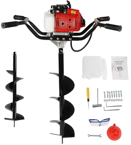 Bensin, jordborr, 3 hk, 2-takt, jordhålsborr, 7 500 varv/min, stolphålsborr med 2 spetsar (20 cm, 80 cm) förlängning verktygstillbehör, 65 cm³, trädgårdsborr, jordborrsmotor för trädgårdsarbete, gräva