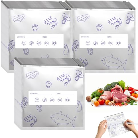 Solivive 60 Pack Heavy Duty Aluminium Foil Bags, Freezer Bags Reusable for Food, Meal Prep， Picnics, Camping, Storage Bags with Zip Lock & Black Marker Pen for Meat, Fish, Fruits, Vegetables (L)