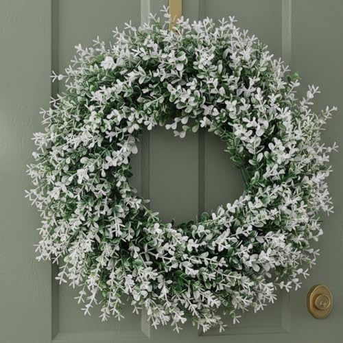 Spring Wreath for Front Door - Elegant Eucalyptus and White Flowers 13.8 Inch Wreath, Farmhouse Door Decor for Year-Round Display, Pet Decors