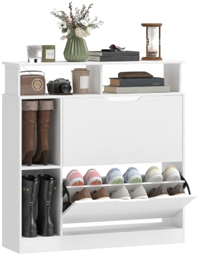 HOMCOM Schuhschrank mit 2 Klappen Schmal Schuhkipper 89 x 25 x 92 cm Weiß | Verstellbar Trennwand, Offenem Fach Schuhregal, für 12 Paar Schuhe, Schuhaufbewahrung Schuhkommode, für Flur, Eingang