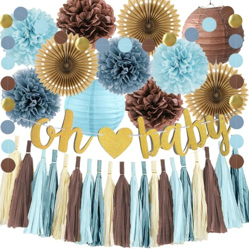 Ours bleu et marron - Décorations de fête prénatale - Bleu poussiéreux et marron - Décoration de fête prénatale - Guirlande de pompons en papier - Bannière Oh Baby pour garçons et filles