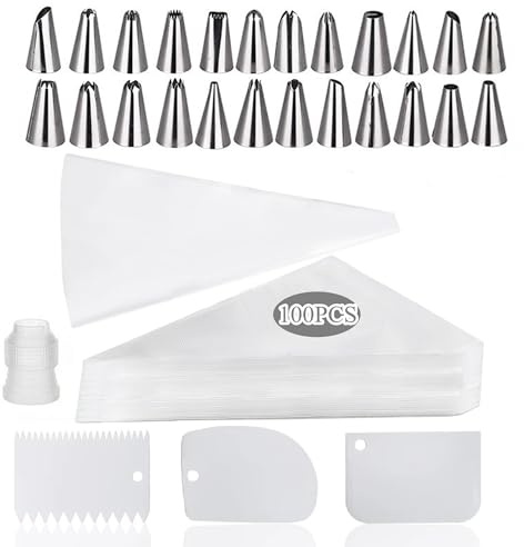 100Pcs Piping Bags and Nozzles Tips Set, 12 Inch Pastry Bags, Icing Bags Disposable with 1 Reusable Piping Bags, 24 Nozzles, 1 Couplers
