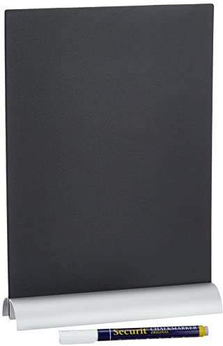 SECURIT - Lavagna da Tavolo A4 - Per Pennarelli a Gesso Liquido - Per Caffè, Ristoranti, Bar, Negozi - Inserto Rimovibile - Base in Alluminio - 30,8x21x6cm - 1 Pennarello Bianco Incluso