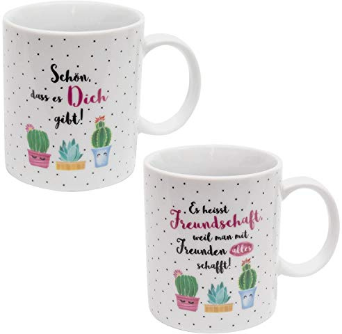 Sheepworld AG Gruss und Co 46162 Spruch Es heisst Freundschaft, Kaktus-Motiv, Geschenk-Box, Porzellan Tassen-Set, Je Tasse 35 cl