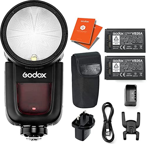 GODOX V1-F Round Head Camera Flash Speedlite Kit with Spare VB26A Battery | HSS, 480 Full Power Shots, 2600mAh Lithium Battery Compatible for Fuji Cameras + 12 Month Extended Warranty Card (3 Yrs)