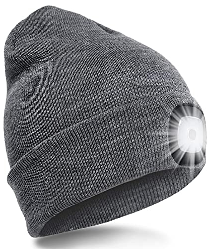 SPGOOD LED Beanie Beleuchtete Mütze mit Licht,Wiederaufladbare Winter Warm LED Haube mit Lampe für Angeln,Jogger,Camping,Laufen,Geschenke für Männer Frauen(Dunkelgrau)