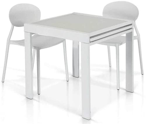 Mar.c.a. Design i - Table console extensible moderne jusqu'à 180 cm, plateau en verre blanc mat, base en métal et structure couleur blanc optique - Dimensions : 90 x 90 x 75 cm.