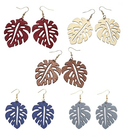 2 Pairs Natural Wooden Monstera Leaves Stud Earring for Women Tropical Plant Palm Leaf African Earrings Handmade Ethnic Jewelry