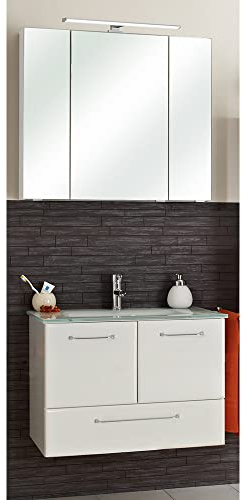 Waschplatz mit Glaswaschbecken in weiß Hochglanz, B/H/T: ca. 80/200/44,5 cm