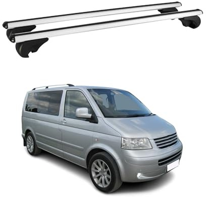 OMAC Dachträger Grundtäger kompatibel mit VW T5 Multivan Caravelle 2003-2015 Alu 75kg Silber 2tlg Offene Reling für Fahrradträger, Dachboxen, Skiträger Abschließbar