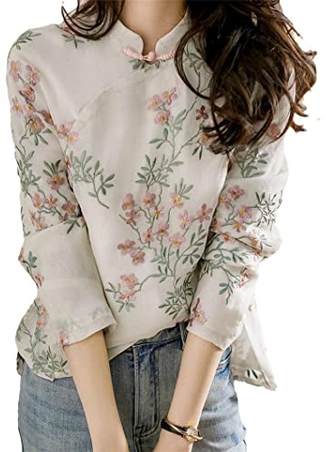 Bollrllr Cheongsam - Camisa de algodón y lino con estampado floral japonés coreano para mujer