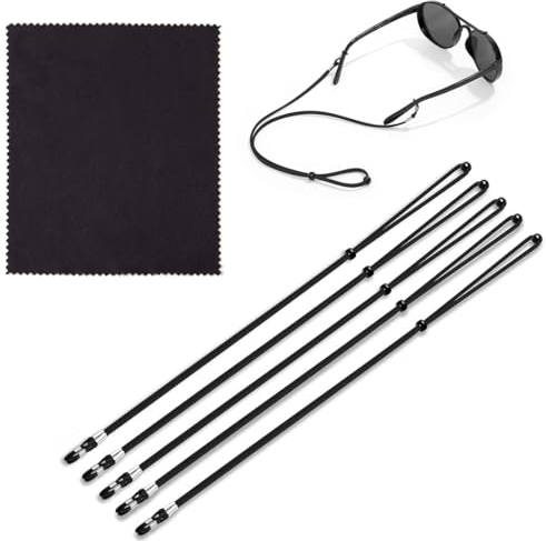 INGJIA 4 Stücke Brillenband, Brillenbänder, Brillenkette Schwarz, Verstellbar Sonnenbrillen Kette Brillenschnur, Mit 1 Mikrofaser-Reinigungstuch,für Sonnenbrillen und Lesebrillen