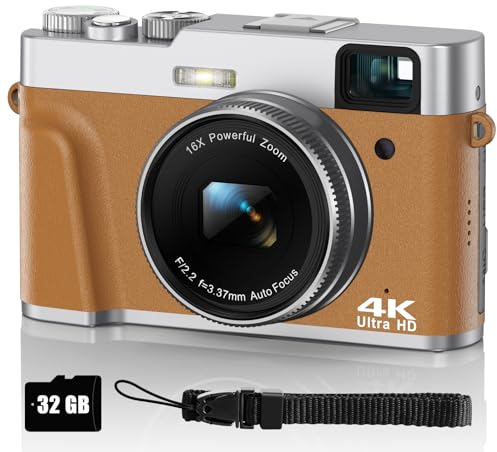 Digitalkamera 4K 48MP Fotoapparat Autofokus mit 32G SD-Karte, Kompaktkamera Fotokamera mit Optischer Sucher 16X Zoom 2 Akkus Einfach zu Bedienen, Geeignet für Anfänger, Erwachsene, Jugendliche(Braun)