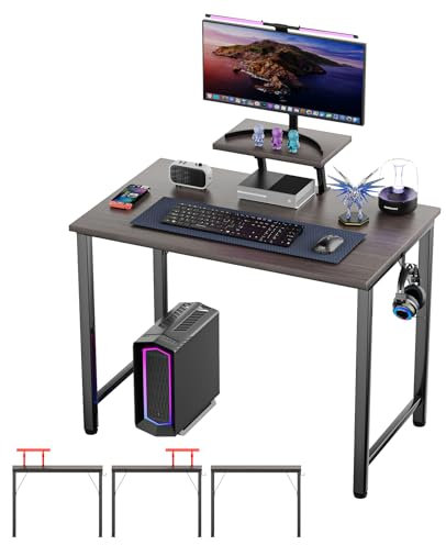Rcynview Escritorio Ordenador con Soporte Monitor +1 Gancho, Mesa Ordenador Portatil Madera, Escritorios con Patas Metálicas Estables, 80x40cm Mesa Gaming para Oficina Despacho y Sala de Estar, Negro