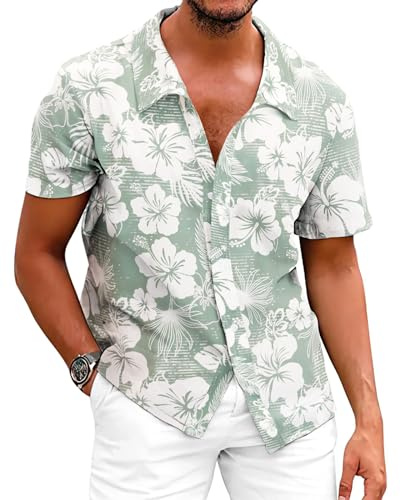 Fastkoala Hombre Hawaiana Camisa Playa Tropicale Camisas Florales Tops Verano Vacaciones Casual Algodón Button Vert XXXL