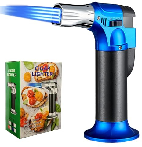 Butane Torch Lighter,Refillable Blow Torch Kitchen Cooking Torch with Safety Lock Adjustable Flame for Creme Brulee BBQ Baking—Butane Gas Not Included (Blue)