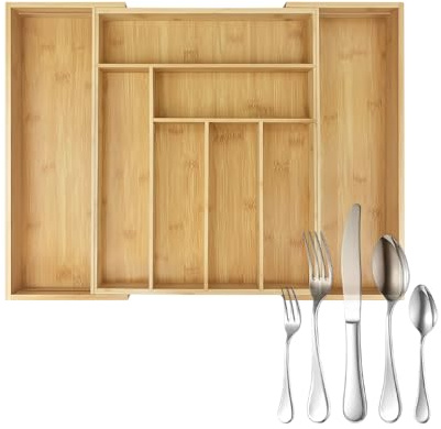 Bamboo Cutlery Tray 6-8 Compartment Utensil Holder for Drawer Cutlery Drawer Organiser Kitchen Drawer Organiser Extendable Cutlery Holder Knife and Fork Drawer Organiser Cutlery Organiser for Drawer