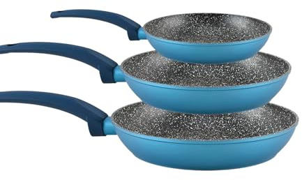 Set mit 3 Pfannen aus Aluminium, blau, antihaftbeschichtet, in drei Größen, 20-24-28 cm, mit Induktionsboden, ideal für eine optimale Wärmeverteilung, leicht zu reinigen, auch in der Spülmaschine