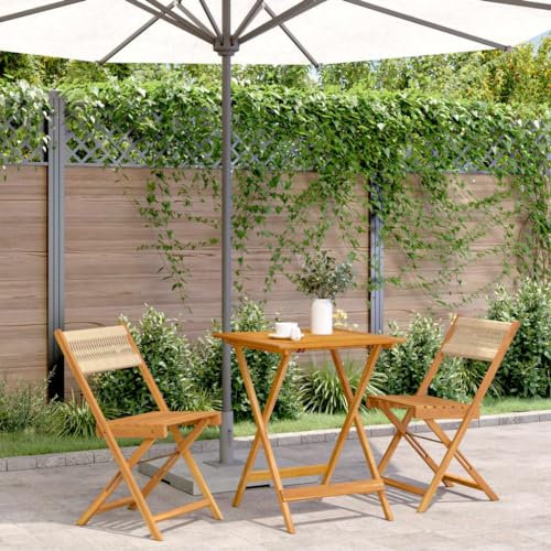 FENLAX 3-TLG. Bistro-Set Beige Polypropylen und Massivholz Balkontisch Gartentisch mit Stühlen Klapp Möbel Esszimmergruppe Gartenset Gartengarnitur Gartenmöbel Set Terrassetisch Balkonmöbel
