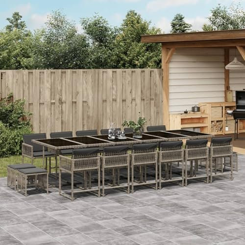 Homgoday 17-TLG. Garten-Essgruppe mit Kissen Gartenmöbel Set Balkonmöbel Sitzgruppe Stühle mit Tisch, Terrassenmöbel Gartenstuhl Gartentisch, Gartengarnitur Grau Poly Rattan