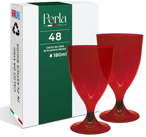 Perla - 48 Calici da Vino in Plastica Rigida Rosso 180ml - Bicchieri Resistenti e Riutilizzabili - Bicchiere Calice Vino per Compleanni Matrimoni e Feste