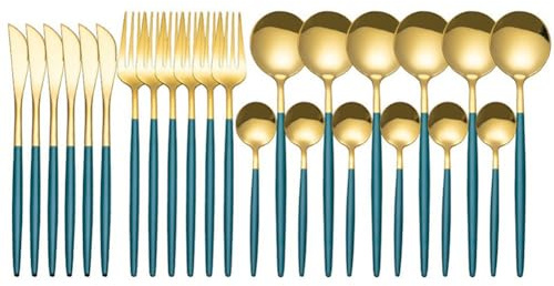 ISKDJBJG 24 PièCes Ensemble de Vaisselle en Acier Inoxydable Couverts CuillèRe Fourchette Couteau Western Cutleri Argenterie Couverts, Vert-Or